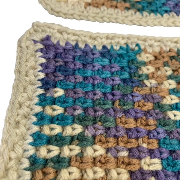 Mug Rugs Coasters Handmade Crochet Square Beige Tan Teal Vinyl Back Set of 4 - Picture 7 of 11